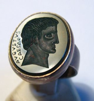 Handmade Roman Style Bloodston Intaglio Octavian Augustus Silver Ring/ 26k photo