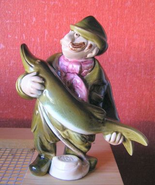 Vintage Mid Century Ceramic Fisherman With Fish Figure Statue Animal Fishing photo