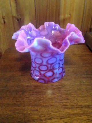 Fenton Old Dot Optic Cranberry Red Opalescent Ruffled Top Hat Vase 5 Inch photo