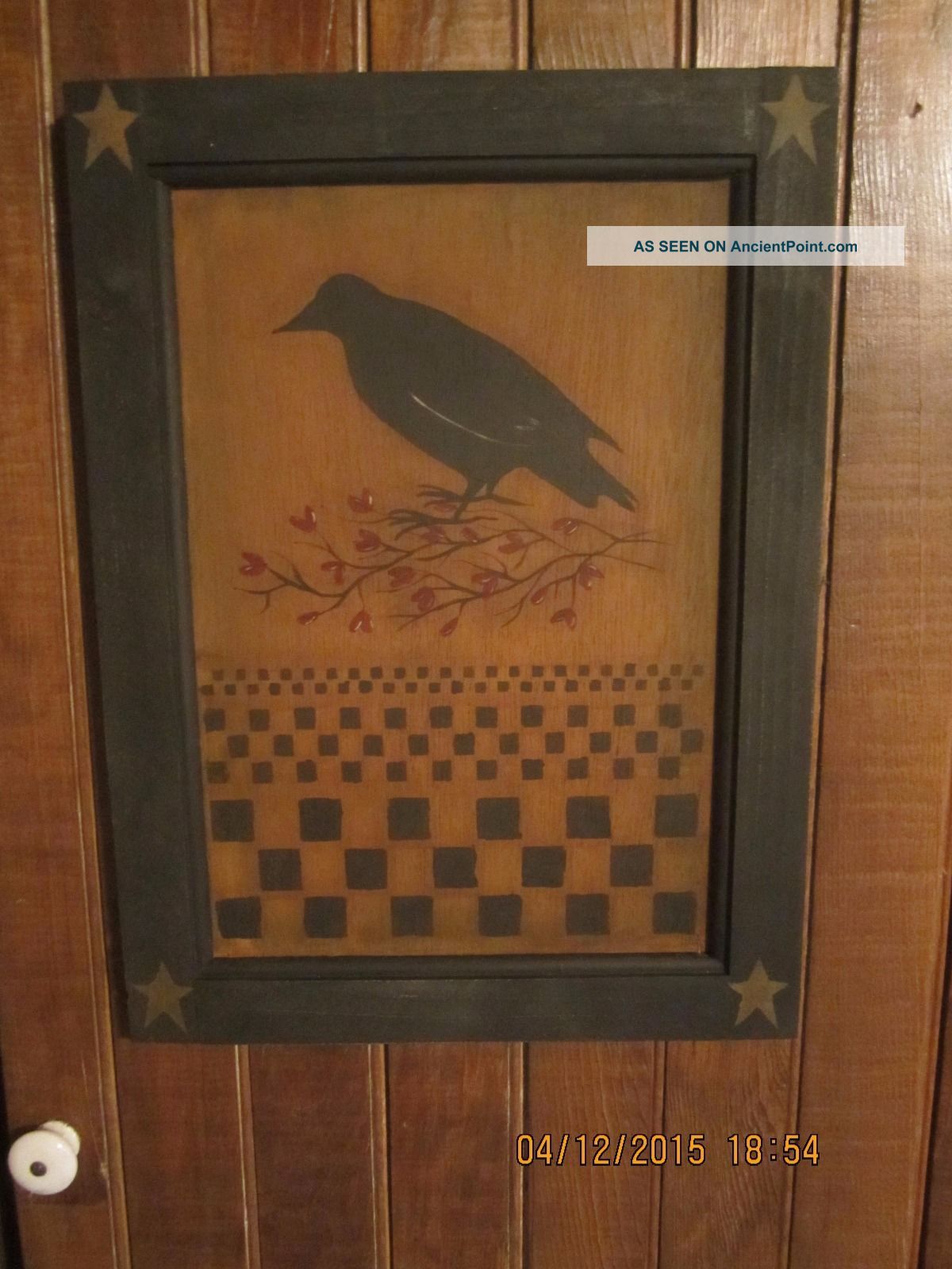 Primitive Hand Painted Crow & Berries Checkerboard Wood Door Panel By Debi Primitives photo