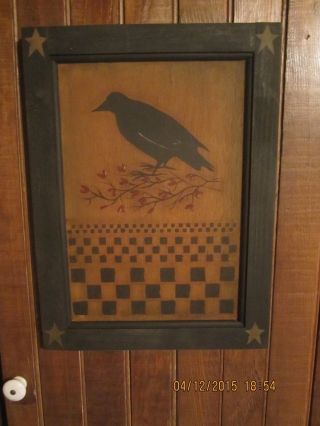 Primitive Hand Painted Crow & Berries Checkerboard Wood Door Panel By Debi photo