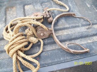 Old Vintage Barn Rope Pulleys,  Medium Size With Skinning Hanger,  Rare photo