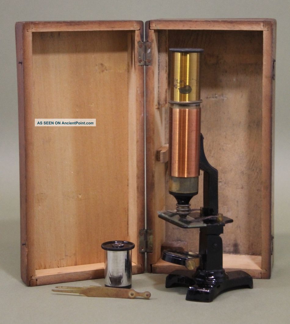 Antique 19thc Miniature Travel Scientific Microscope W/ Case.  Nr Microscopes & Lab Equipment photo