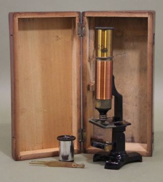 Antique 19thc Miniature Travel Scientific Microscope W/ Case.  Nr photo