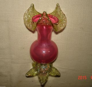 Stevens & Williams Style Art Glass Cranberry & Green Vase photo