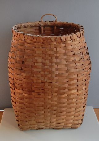 Vintage Sturdy Large Oak Splint Pack Basket With Handle Adirondack Woven photo
