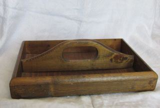 Vintage Dark Wood Primitive Handled Garden Tool Caddy Carrier Tote photo