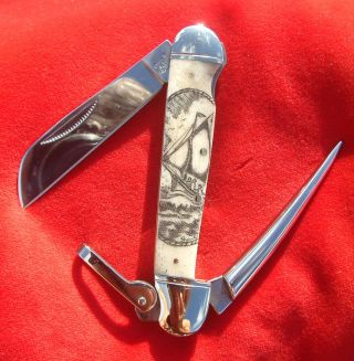 Two Sided Nautical Scrimshaw,  Sloop,  Compass,  Marlin Spike,  Folding Knife/knives photo