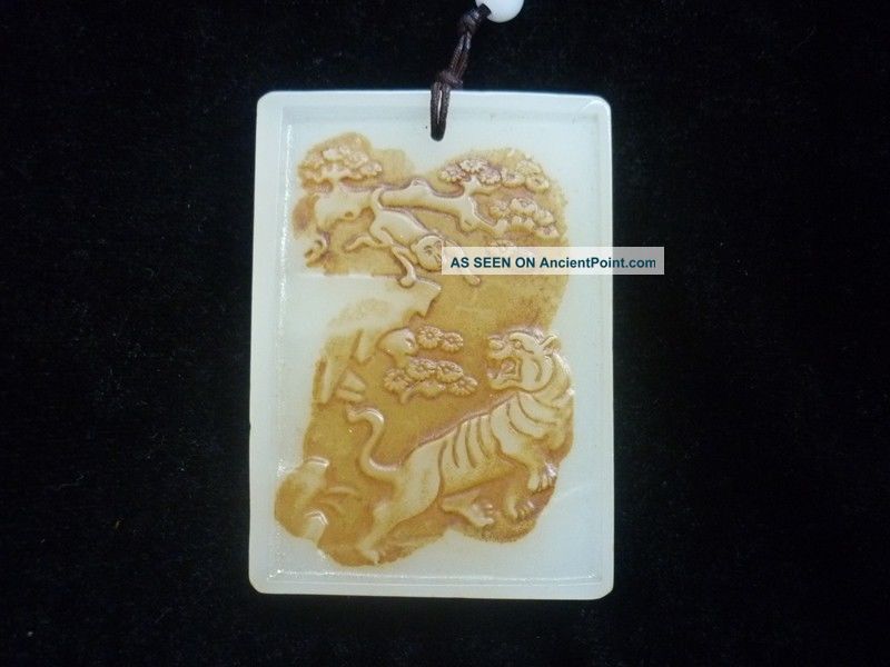 Chinese Antique Hotan White Jade Carved Tiger And The Monkey Pendant Necklaces & Pendants photo