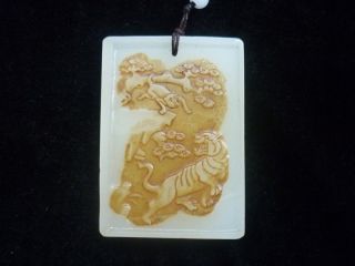 Chinese Antique Hotan White Jade Carved Tiger And The Monkey Pendant photo