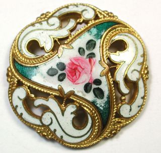Antique French Enamel Button Fancy Pierced Leaves W/ Hand Painted Rose Center photo