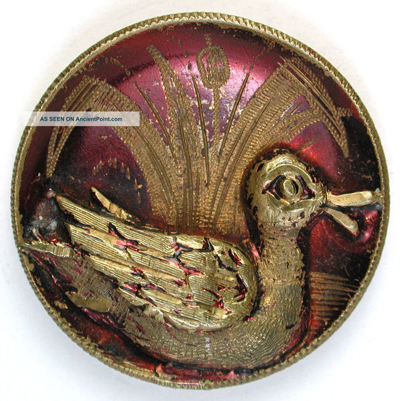 Antique Brass Cup Button Duck Escutcheon W/ Etched Cattail Plants Design Buttons photo