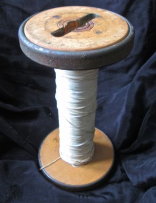 Antique Large Wooden Textile Spool W Metal Inserts 9.  25 