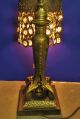 Most Awesome Bronzed Antique Art Nouveau Era Table Lamp W/peacock Eye Crystals Art Nouveau photo 9