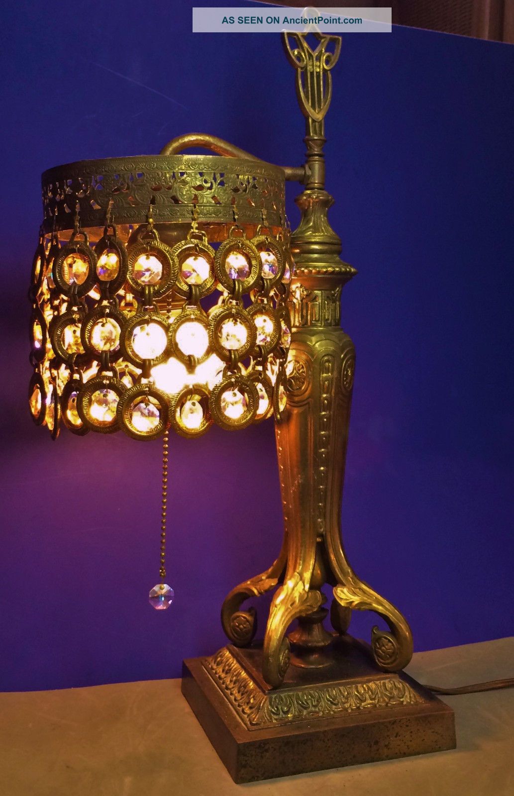 Most Awesome Bronzed Antique Art Nouveau Era Table Lamp W/peacock Eye Crystals Art Nouveau photo