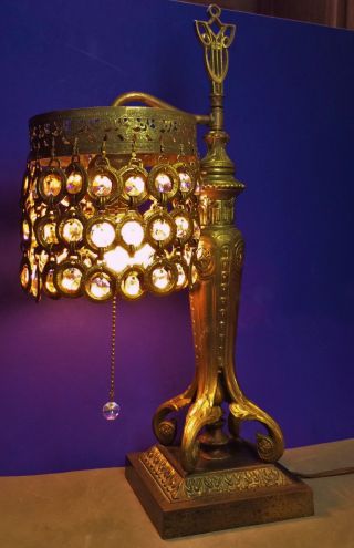 Most Awesome Bronzed Antique Art Nouveau Era Table Lamp W/peacock Eye Crystals photo
