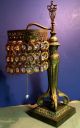 Most Awesome Bronzed Antique Art Nouveau Era Table Lamp W/peacock Eye Crystals Art Nouveau photo 2