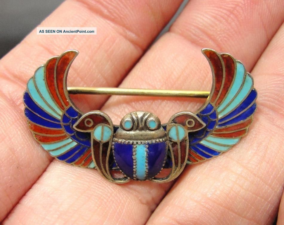 Antique Art Deco Egyptian Revival Winged Scarab Enamel 800 - Silver Pin Brooch Art Deco photo
