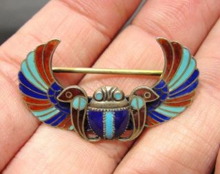 Antique Art Deco Egyptian Revival Winged Scarab Enamel 800 - Silver Pin Brooch photo