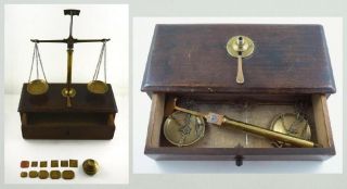 Antique Brass Jeweler ' S / Miner ' S Travelling Scale In Wooden Box With Weights photo