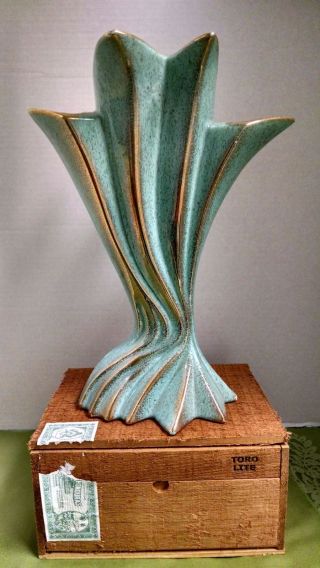 Vintage Mid Century Modern Pottery Usa Vase Atomic Gold Turquoise Speckled photo