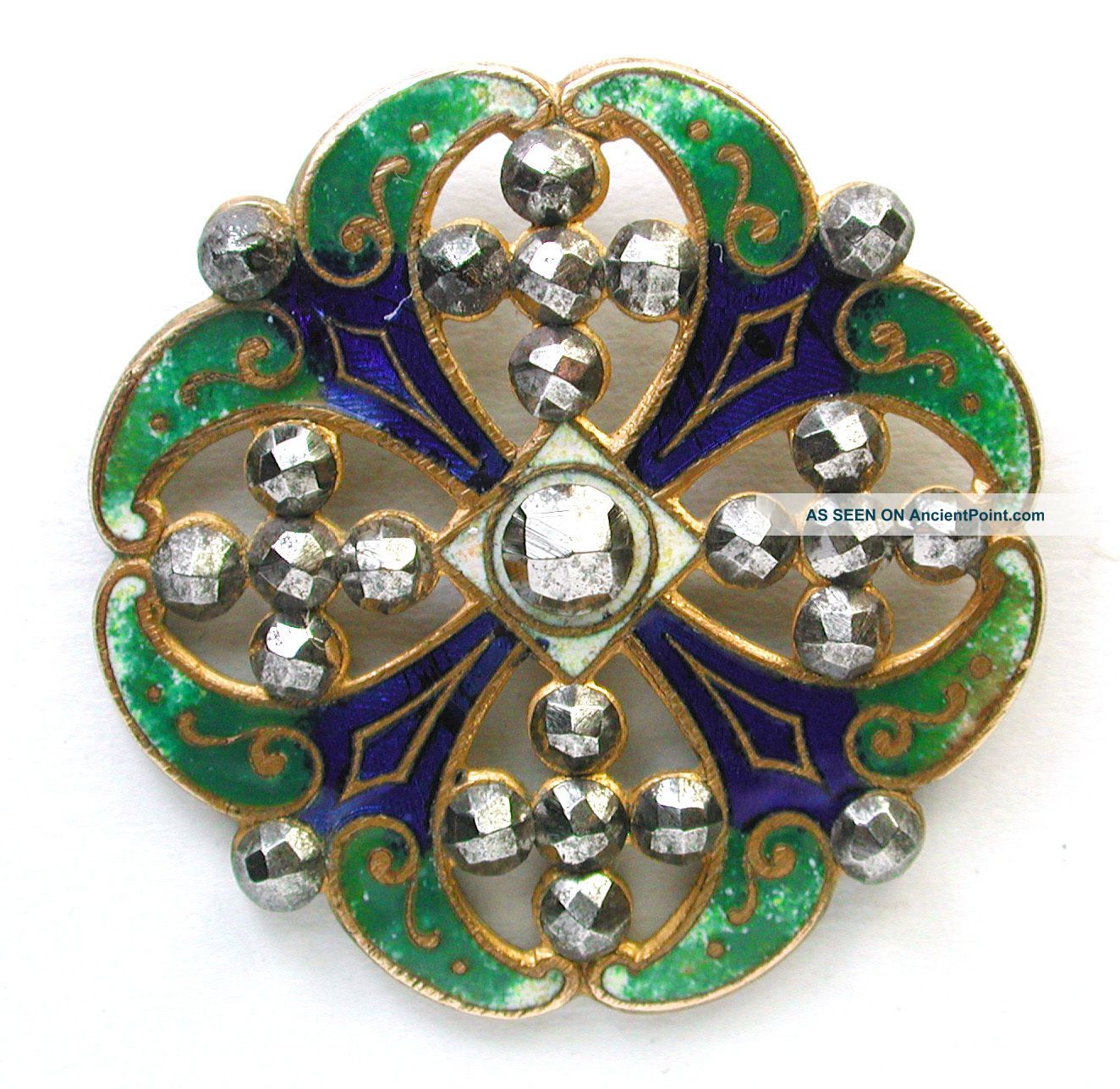 Antique French Enamel Button Pierced Cobalt & Green Design W/ Shiny Cut Steel Buttons photo