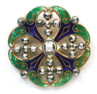 Antique French Enamel Button Pierced Cobalt & Green Design W/ Shiny Cut Steel photo