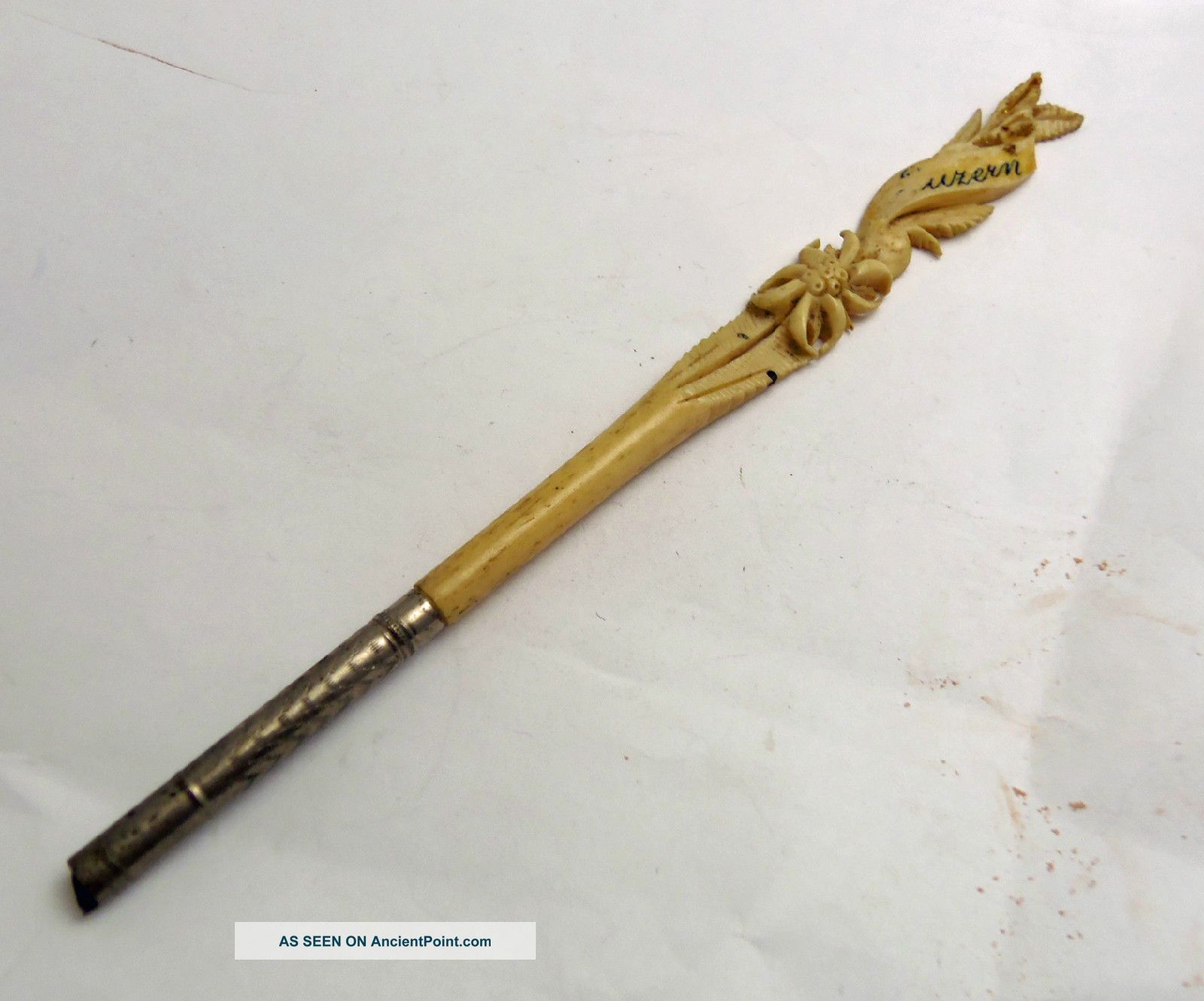 Antique Swiss Dip Pen Hand Carved Bone Luzern Souvenir Victorian Flower Leaf Other photo