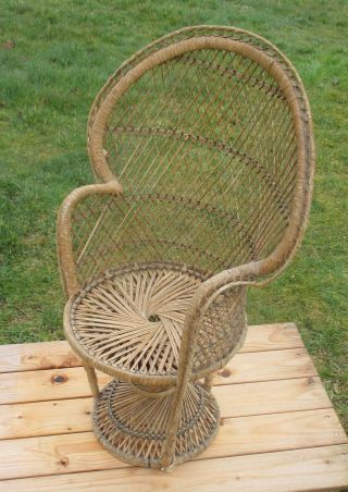 Vintage Rattan Wicker Peacock High Fan Back Childs Chair 30.  12 