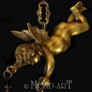 1910s Antique Art Nouveau Bronze Cast Winged Cherub Sculpture Chandelier photo