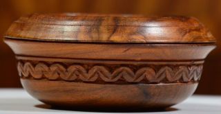 Hand Carved Wood Bowl One Of A Kind Ooak Flower Chevron Design With Lid photo