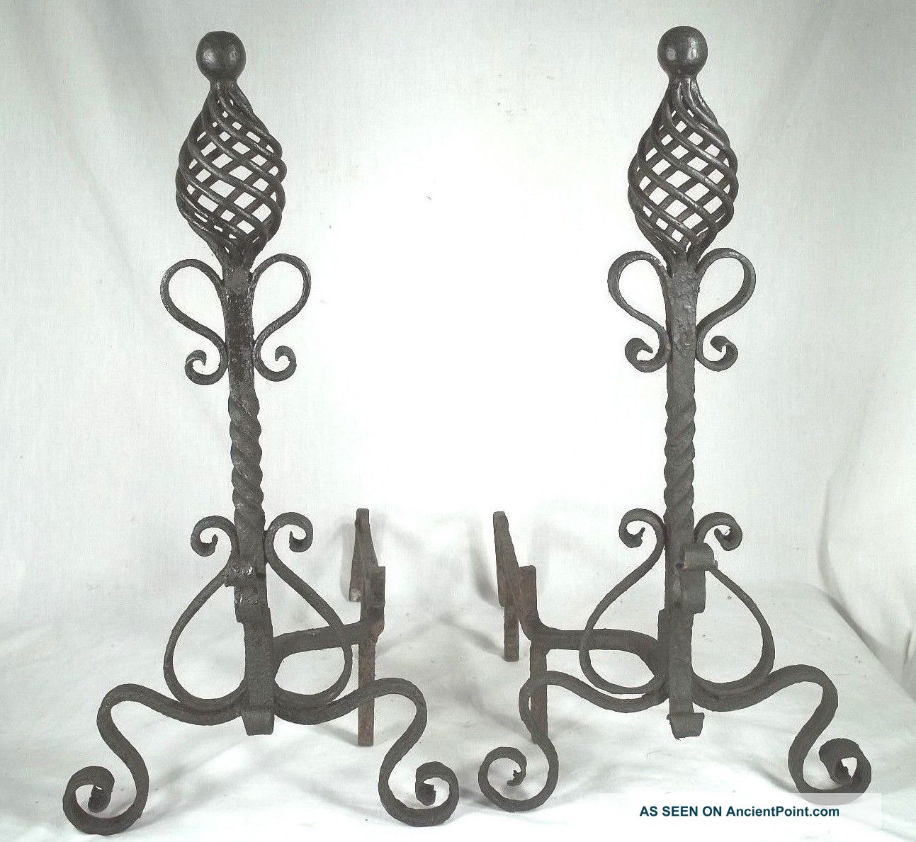 Pair Antique Early 20th Century Arts,  Crafts Spiral Twist Wrought Iron Andirons Hearth Ware photo