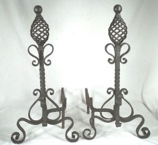 Pair Antique Early 20th Century Arts,  Crafts Spiral Twist Wrought Iron Andirons photo