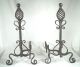 Pair Antique Early 20th Century Arts,  Crafts Spiral Twist Wrought Iron Andirons Hearth Ware photo 3