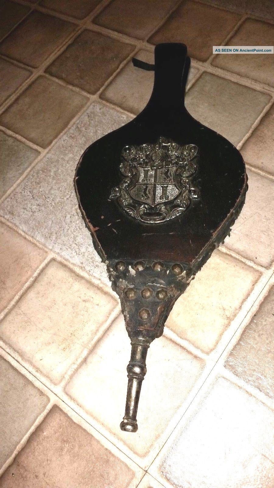 Antique Fireplace Bellows Wood Black Leather W/ Silver Coat Of Arms Crest Hearth Ware photo