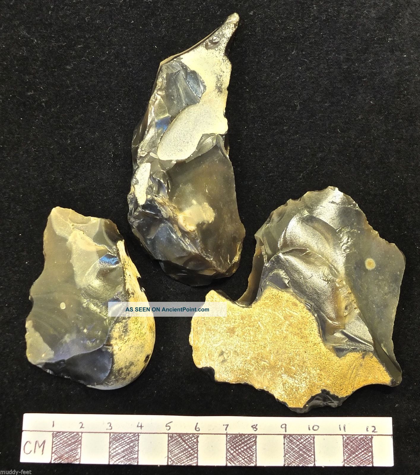X3 Acheulian Flake Tools,  Knife,  Drill & Notched Scraper,  Kent A723 Neolithic & Paleolithic photo