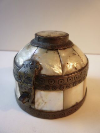 Antique Indo - Portuguese Mother - Of - Pearl & Brass Domed Box,  Islamic,  17th Century photo