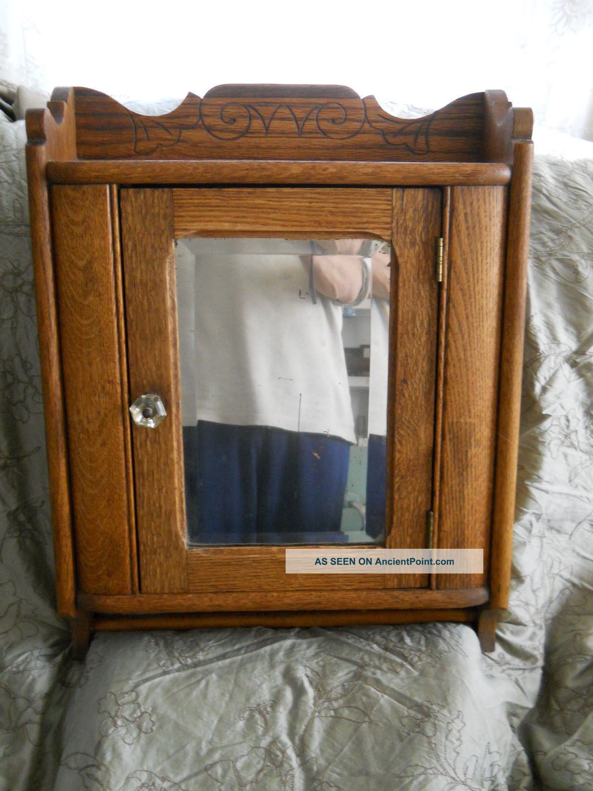 Antique Oak Medicine Cabinet Beveled Mirror &towel Bar Unknown photo