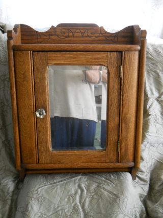 Antique Oak Medicine Cabinet Beveled Mirror &towel Bar photo