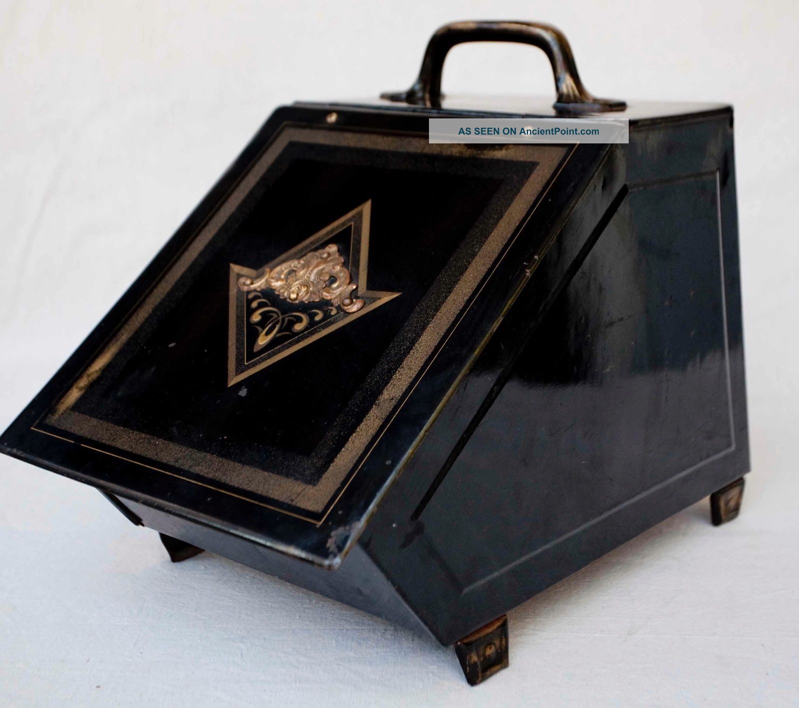 Antique Metal And Brass Fireplace Coal Ash Scuttle Box Bin Hearth Ware photo