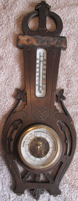 Barometer / Thermometer,  Wood,  Carved,  Antique,  Dutch,  Veranderlyk,  Wall Mount photo