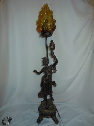 Antique Art Nouveau Newal Post Figural Lamp W Torch Flame Shade Moreau? photo