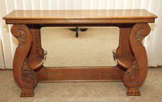 Unusual Antique Oak Side/sofa Table W/shaped Beveled Mirror Round Shelves photo