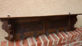 Antique French Carved Dark Oak Wall Shelf Hat Coat Rack Plate Shelf Brass Hooks photo