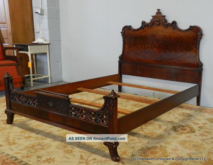 Fine 1930s Flame Mahogany Chinese Chippendale Pagoda Carved Full Double Bed 1900-1950 photo