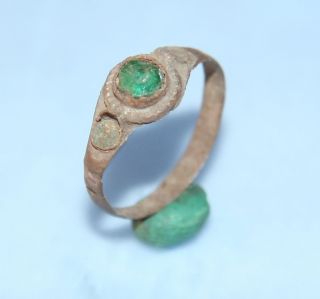 Old Antique Medieval Bronze Finger Ring With Colored Green Glass Inlay (ma09) photo