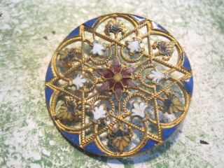 Antique Large Ornate Brass Victorian French Enameled 7 Color Fancy Design Button photo