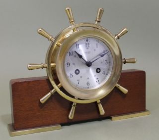 Vintage German Salem 8 - Day Jeweled Ships Bell Wheel Clock W/ Wood Stand photo