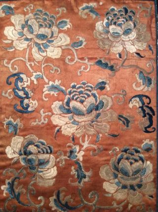 Antique 19th Qi ' Ing Chinese Embroidered Floral Panel Embroidery 1 photo