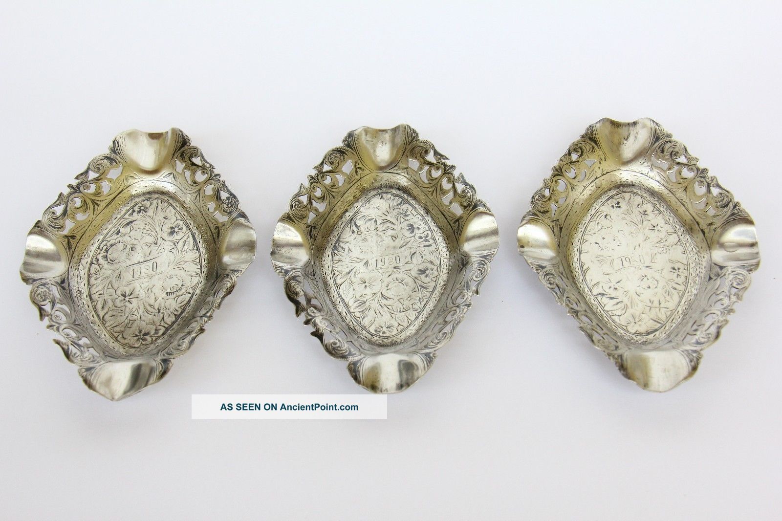 Antique 3 Persian Islamic Ottoman Solid Silver Niello Ashtrays Bowls Dish 219g Middle East photo